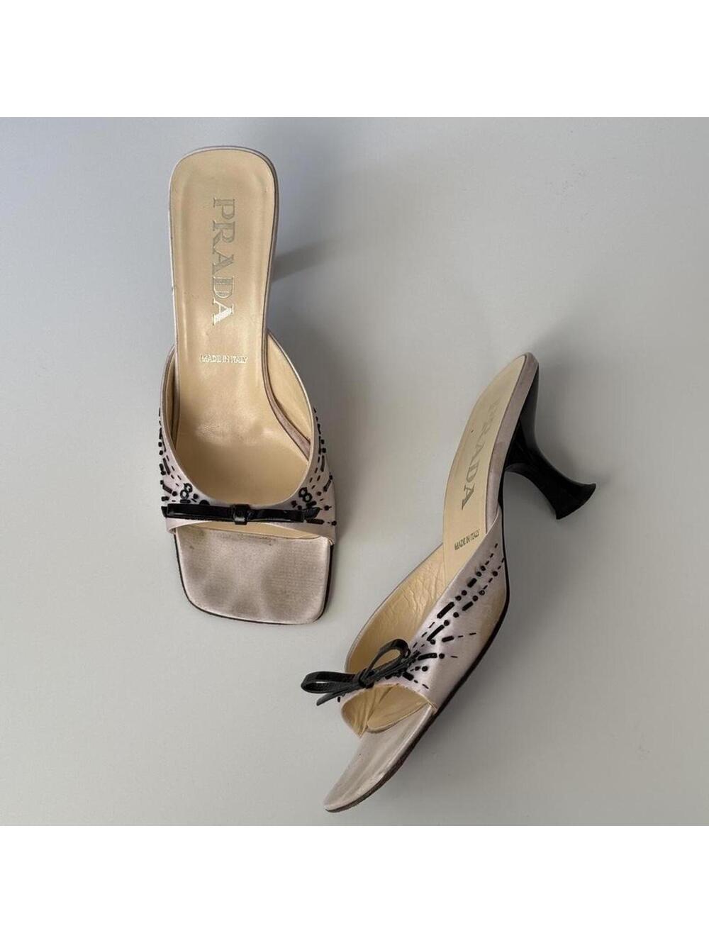Prada satin beaded bow mules